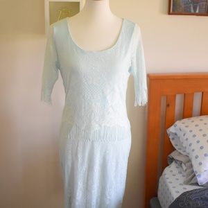 Light Blue Allover Lace Midi Dress with Fringe Hem